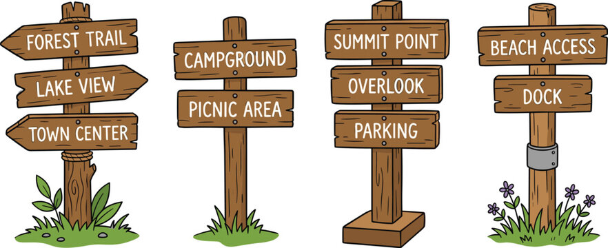 wooden signpost icons set with outdoor directions for websites and apps