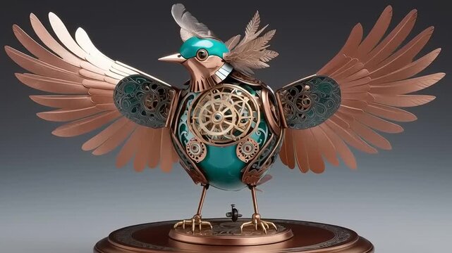 A steampunk bird with copper wings and gears stands majestically on a base indoors.