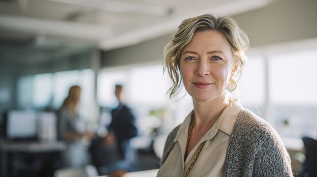 Confident woman in a modern office setting. She has a warm smile and stylish hair. This image conveys professionalism and approachability. Perfect for business or lifestyle themes. AI