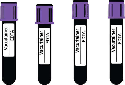 Four purple capped Vacutainer blood collection tubes with EDTA labels on white background, isolated on transparent background