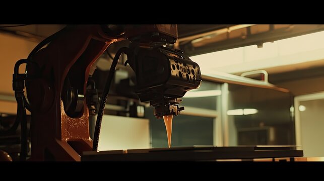 Robotic arm precisely depositing material, building up a complex structure layer by layer in an advanced industrial or research facility, representing automation and future innovation