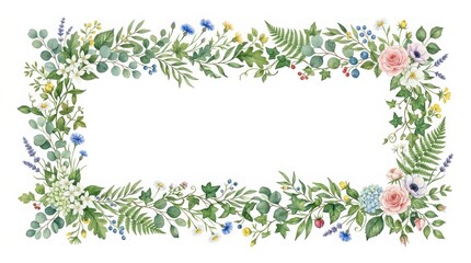 Fototapeta premium Watercolor floral frame with spring wildflowers and green leaves, botanical garden border for wedding invitations, elegant hand painted flower wreath isolated PNG with Transparent Background
