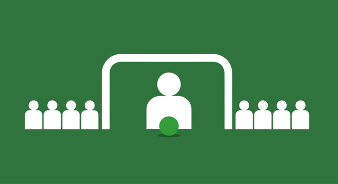 Soccer coach instructing team in front of goal during training session, flat design
