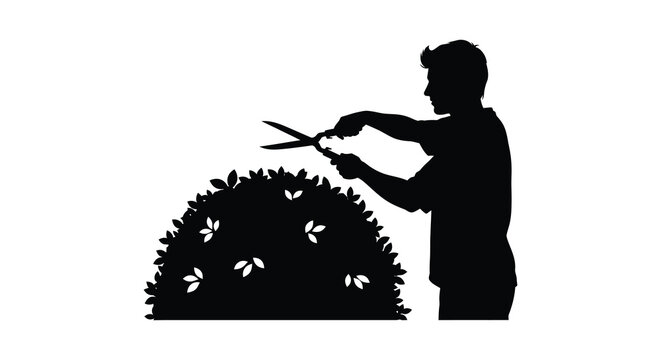 gardener trimming a bush with shears black silhouette high quality professional detailed modern elegant stylish clean crisp vibrant colorful digital creative