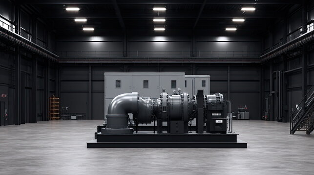 Industrial power generator unit operating in a large, empty factory warehouse facility, highlighting modern engineering and mechanical equipment for energy production