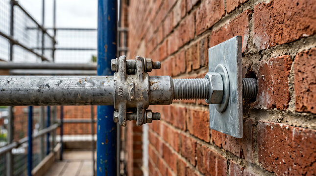 Scaffold tie anchor bolted into a masonry wall securing a frame scaffold