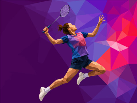 Badminton Players Vector Collection in Dynamic Action Poses with Polygon Background