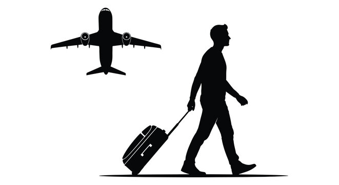 traveler with rolling suitcase and airplane overhead black silhouette high quality professional detailed modern elegant stylish clean crisp vibrant colorful digital