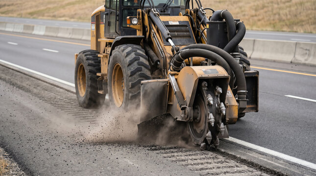 Tractor-mounted rumble strip cutter milling repeated grooves into a highway shoulder