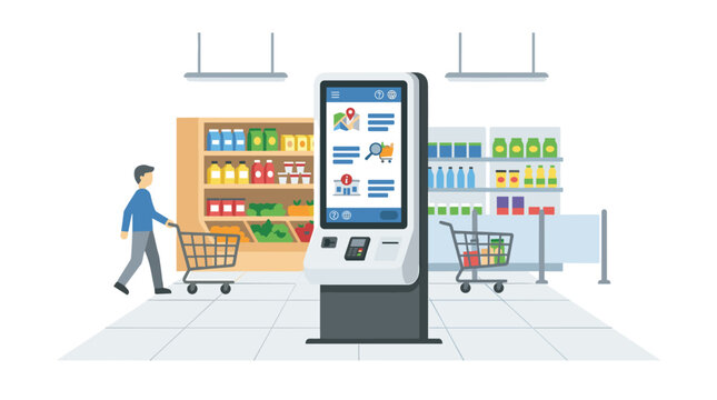 A digital information kiosk stands in a brightly lit modern supermarket aisle as a customer with a shopping cart walks past the interactive display screen interface.