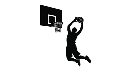 Basketball player dunking towards the hoop athletic action shot in black silhouette high quality professional detailed modern elegant stylish clean crisp © Creativekhairul02