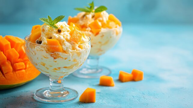 Papaya dessert on pastel teal background with orange fruit pieces creating strong complementary color contrast