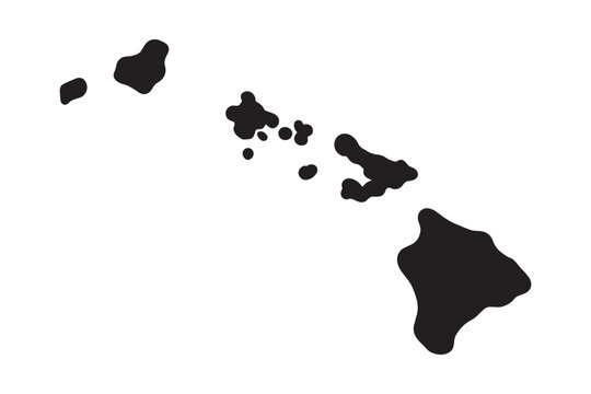 A solid black silhouette of the Hawaiian Islands archipelago is clearly depicted against a plain white background showcasing the distinct shapes of the island chain Keywords: Hawaii map silhouette