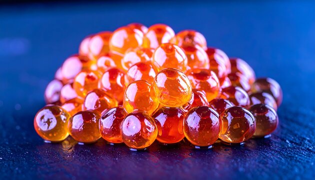 Huevas de salm&oacute;n rojas sobre fondo azul en fotograf&iacute;a gastron&oacute;mica de primer plano