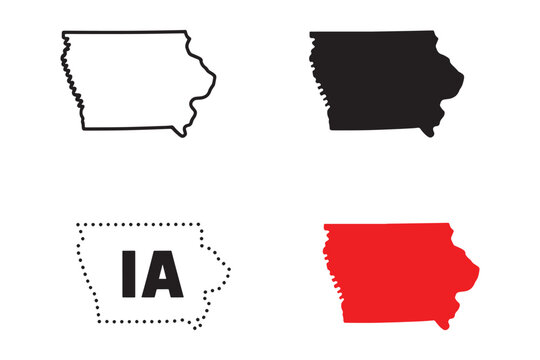 Four Stylized Representations of the State of Iowa Including a Black Silhouette a Red Filled Shape a Black Outline and a Dotted Outline with IA Initials on a White Background