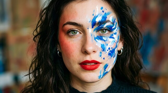 Young woman with creative blue paint on half of her face