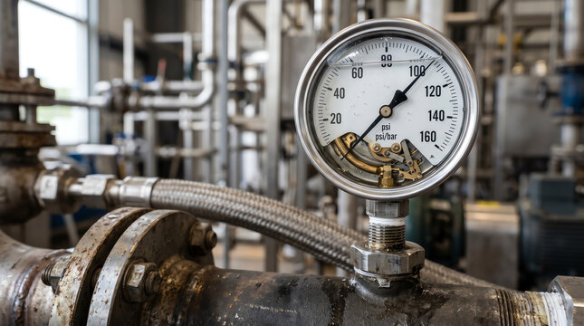 Glycerin-filled stainless pressure gauge mounted on a pulsation-prone pump line