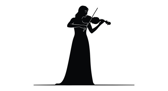 Woman playing the violin in a flowing dress black and white silhouette high quality professional detailed modern elegant stylish clean crisp