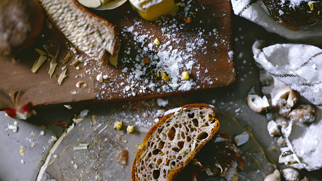 Rustic Bread Setting Featuring Artisan Sourdough on a Wooden Board with Scattered Flour and Cultured Butter