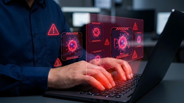 Computer virus infection and security software identifying malware. Businessman using laptop computer infected with ransomware.