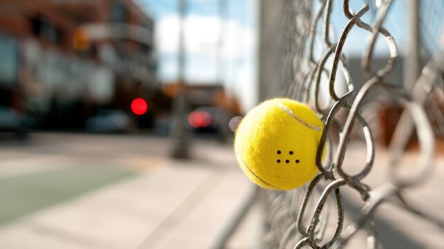 Urban tennis ball stuck in chain link fence with blurred street bokeh background for urban sports design, poster and background use