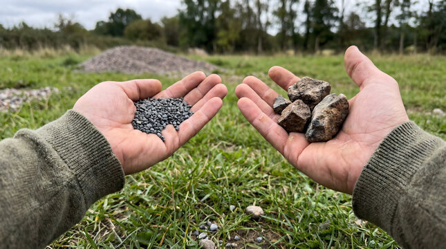 Hands holding crushed gravel aggregate and raw rock samples outdoors