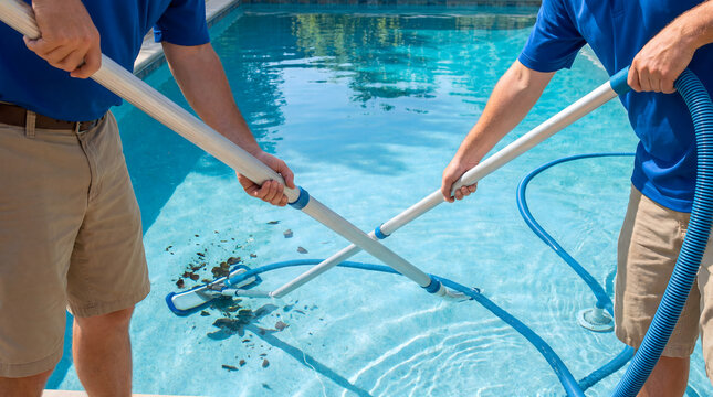 Two pool technicians cleaning and vacuuming a residential swimming pool