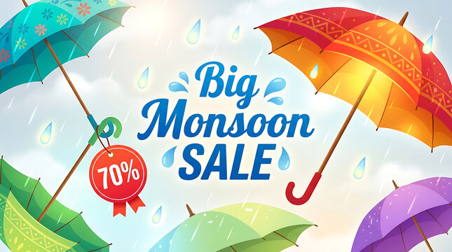 Big monsoon sale promotional banner with colorful umbrellas and rain