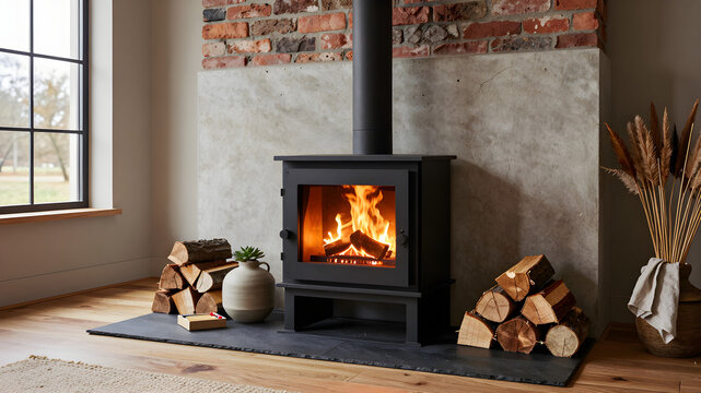 Cozy Slate Hearth Setup with Wood Burning Stove, Split Logs, Matches, and Succulent