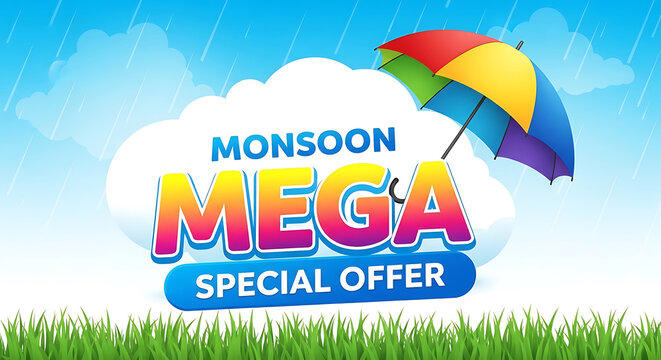 Monsoon mega special offer banner with colorful umbrella and rain background