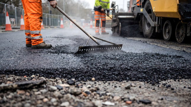 Road workers spreading hot asphalt during urban road repair with steam rising