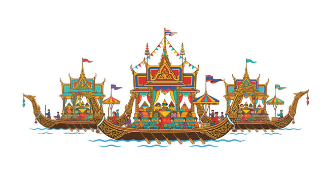 Three ornate traditional Thai ceremonial boats with golden carvings and colorful roofs float across stylized blue waves against a plain white studio backdrop.