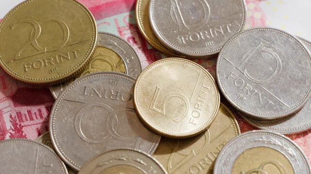 Banknote details of Hungarian forint and coins. High quality 4k footage