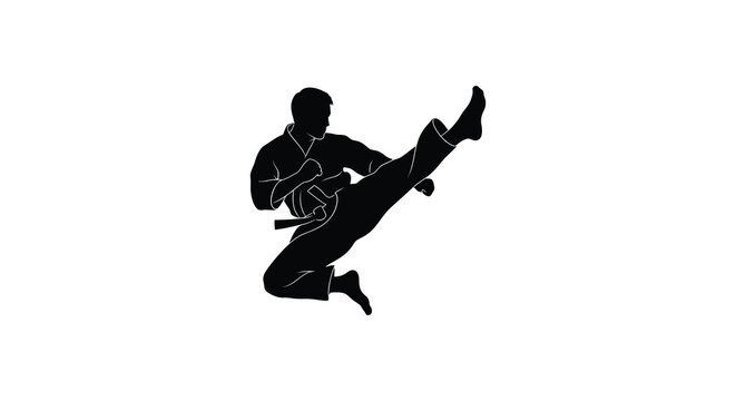 Karate practitioner performing a kick in dynamic pose black silhouette high quality professional detailed modern elegant stylish clean crisp vibrant colorful