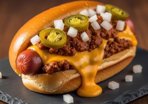 Gourmet chili cheese hot dog with jalapenos and onions