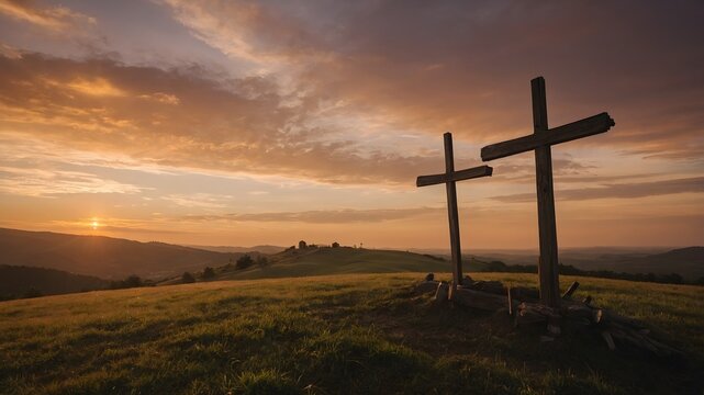 Dos cruces sobre una colina al atardecer con luz dorada y paisaje espiritual
