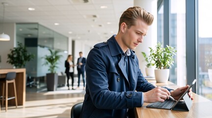 Fototapeta premium Young businessman working on a tablet with a stylus in a modern office. Focused male professional using digital device at a desk near a window. Co-working space concept