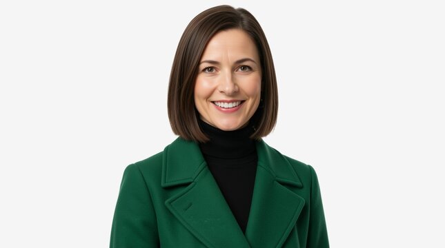 Portrait of a smiling businesswoman on white background. Confident professional woman wearing green coat and black turtleneck. Studio headshot