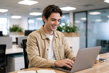 Fototapeta premium Young professional man working on a laptop in a modern office. Smiling male employee typing at a desk. Creative workplace and technology concept