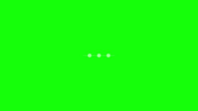 Minimalist loading animation on green screen, white glowing dots progress bar, digital buffering icon for video editing and web interface