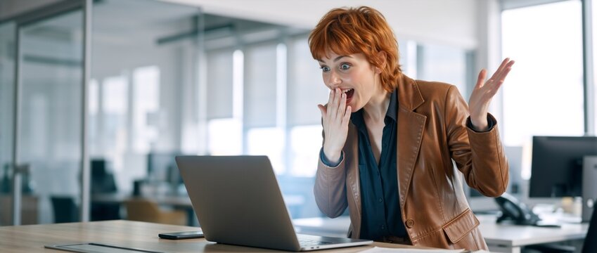 Surprised businesswoman looking at laptop screen in a modern office. Excited woman with red hair reacting to good news. Professional success and achievement concept