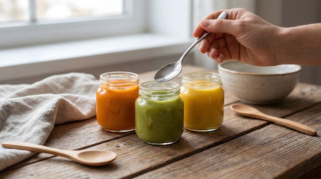 Hand holding spoon over colorful baby food puree jars on rustic wooden table