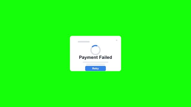 Payment failed notification window on green screen, digital transaction error message with retry button, online banking decline alert animation
