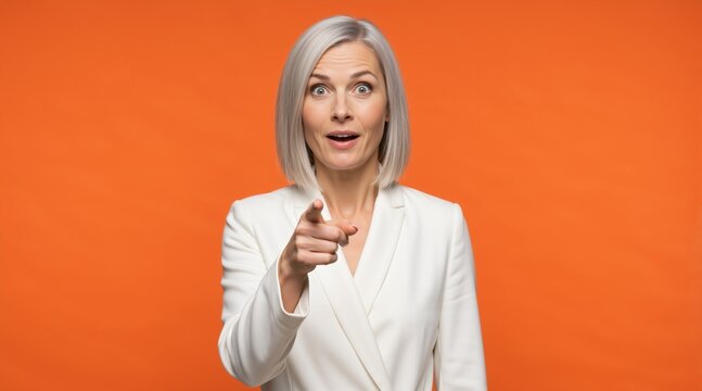 Surprised middle aged woman pointing finger at camera on orange background. Shocked woman with grey hair in white blazer. Direct address and selection concept