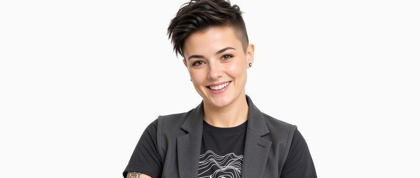 Portrait of a smiling young woman with an undercut hairstyle. Trendy female model on a white background. Modern headshot of a person with alternative style