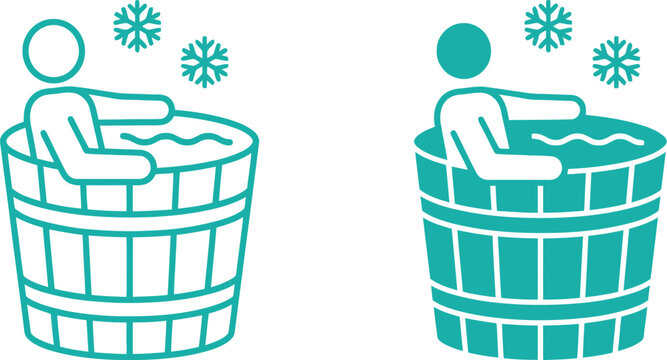 Cold plunge and ice bath vector icons showing a person relaxing in a wooden barrel with snowflakes, representing winter wellness and cold therapy.