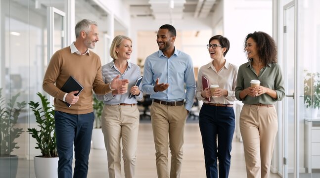 Diverse business team walking and talking in a modern office hallway. Cheerful group of multiethnic colleagues holding coffee and notebooks during a collaborative discussion