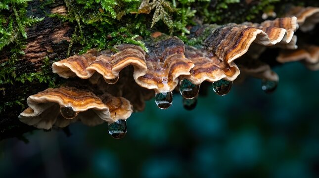 Detailed bracket fungus with clear water droplets clinging to edges