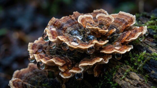 Close up of a turkey tail fungus with clear water droplets