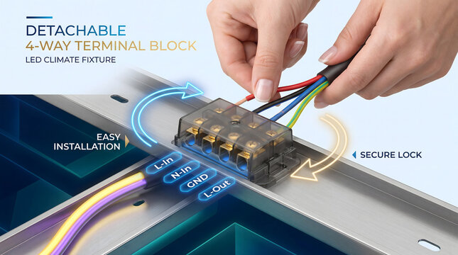 Hand connecting wires to detachable 4-way terminal block on LED fixture rail